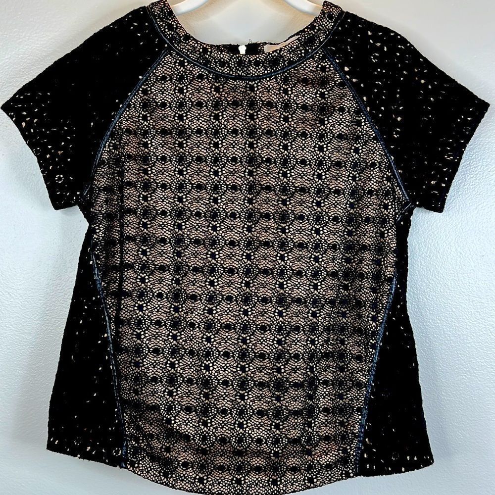 Lucid-Pink Black Lace Overlay Nude Contrast Back Zip Blouse Size Small